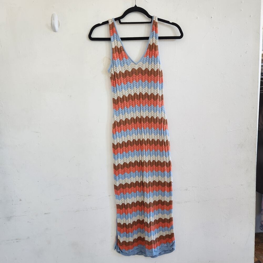 Rip Curl Sz XS Santorini Loose Knit Striped Coral Blue Brown Bodycon Dress Boho - Picture 10 of 10
